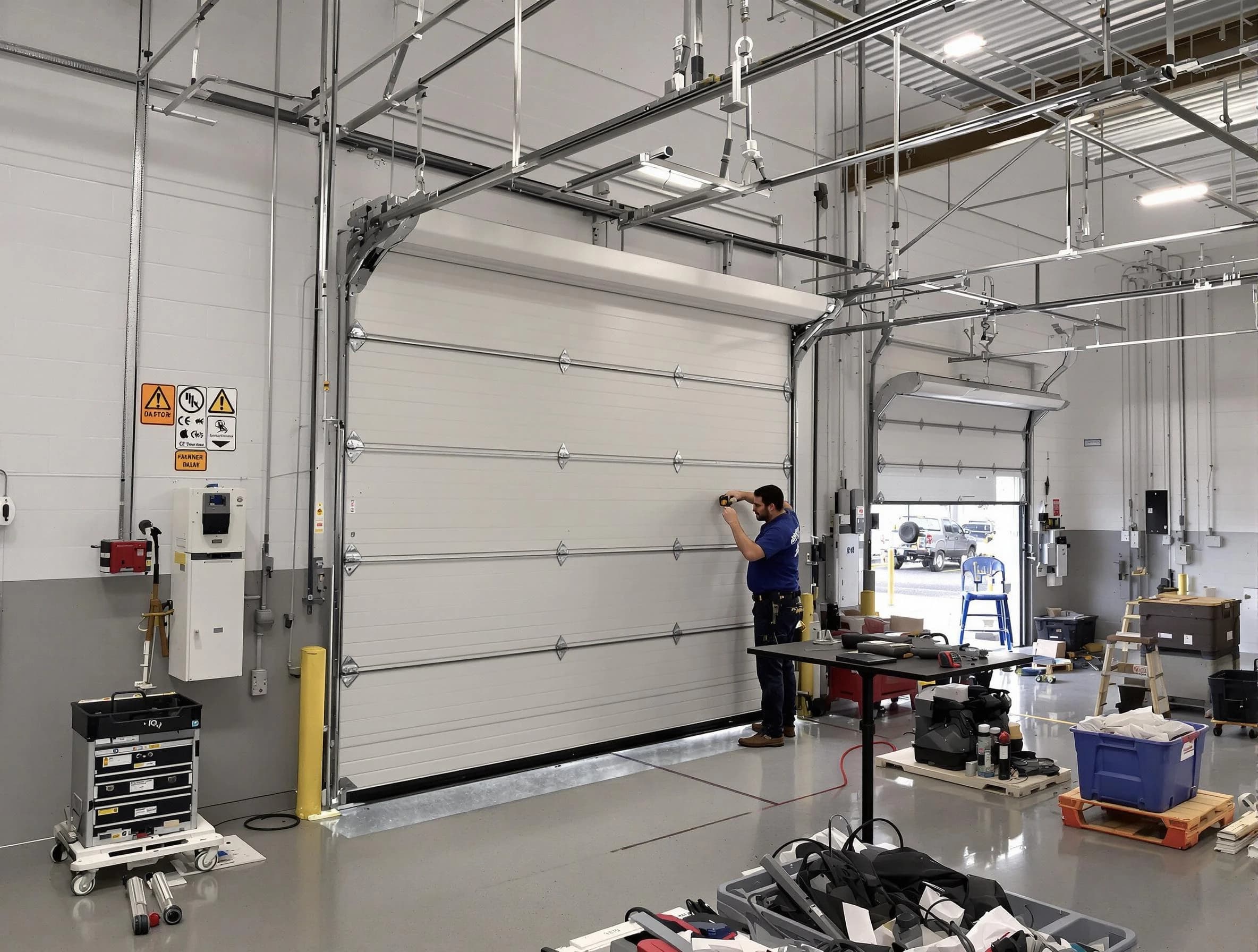 Commercial garage door repair being performed by Talladega Garage Door Repair expert in Talladega