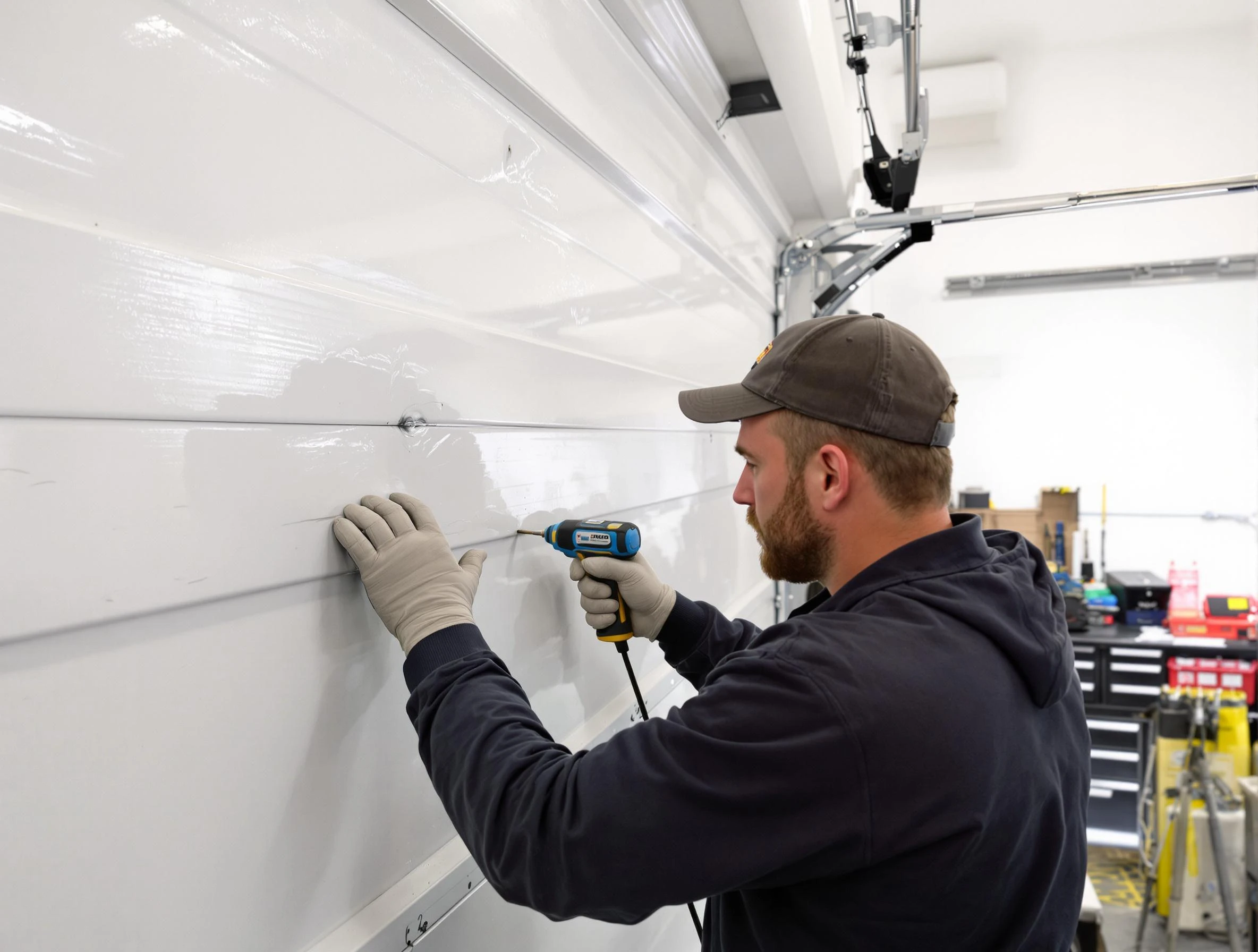 Talladega Garage Door Repair technician demonstrating precision dent removal techniques on a Talladega garage door